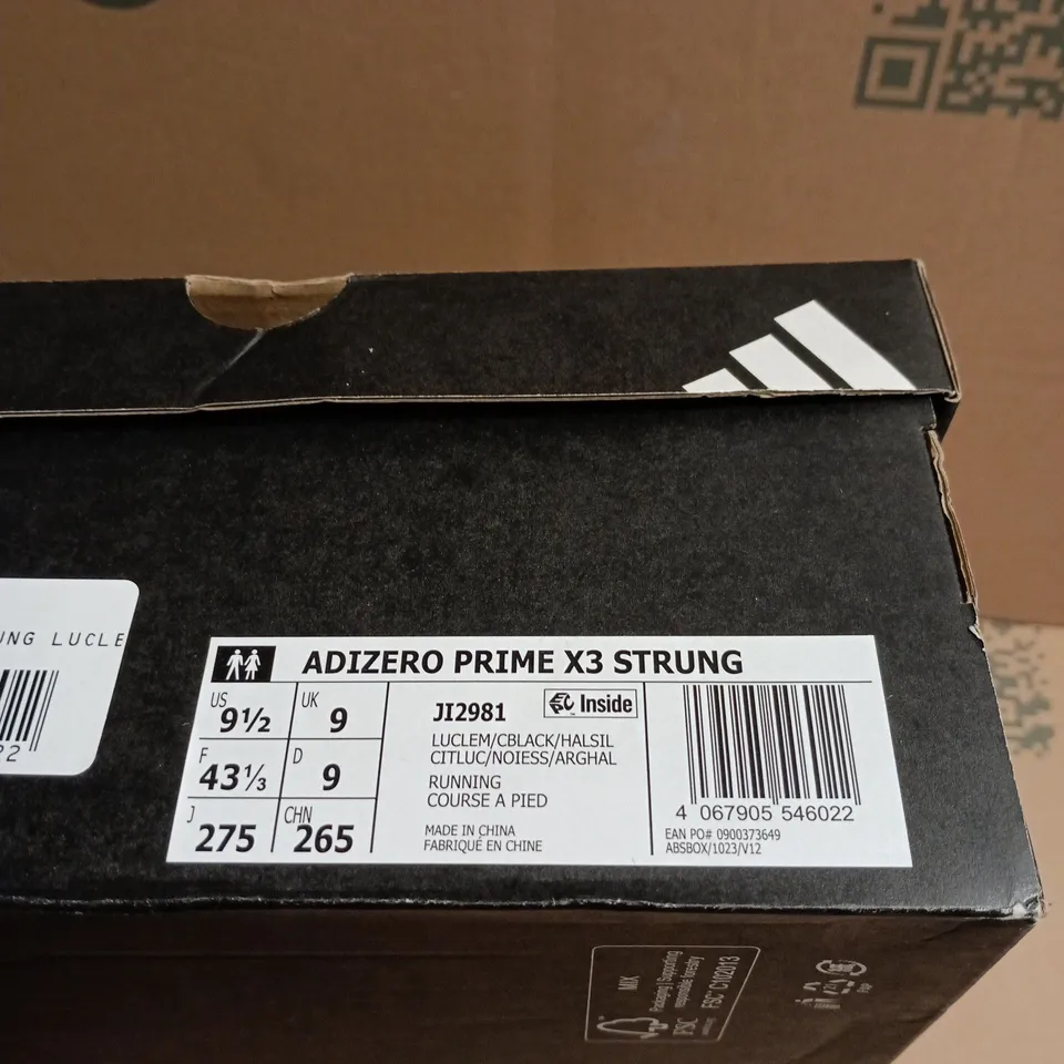 BOXED PAIR OF ADIDAS ADIZERO PRIME X3 STRUNG RUNNING SHOES – MEN'S - UK SIZE 9