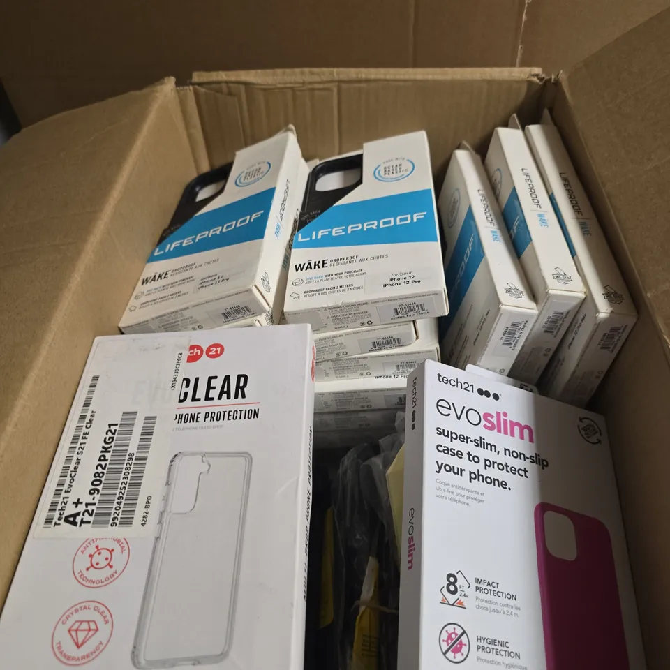 BOX OF APPROXIMATELY 50 ASSORTED PHONE CASES INCLUDING LIFEPROOF , EVOSLIM AND EVOCLEAR 