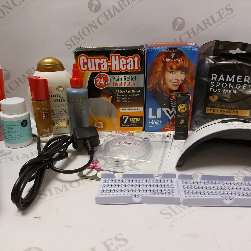 LOT OF APPROX 15 ASSORTED BEAUTY PRODUCTS TO INCLUDE CURA-HEAT HEAT PATCH, RIMMEL FOUNDATION 510 CINNAMON, DUREX PLEASURE GEL, ETC 