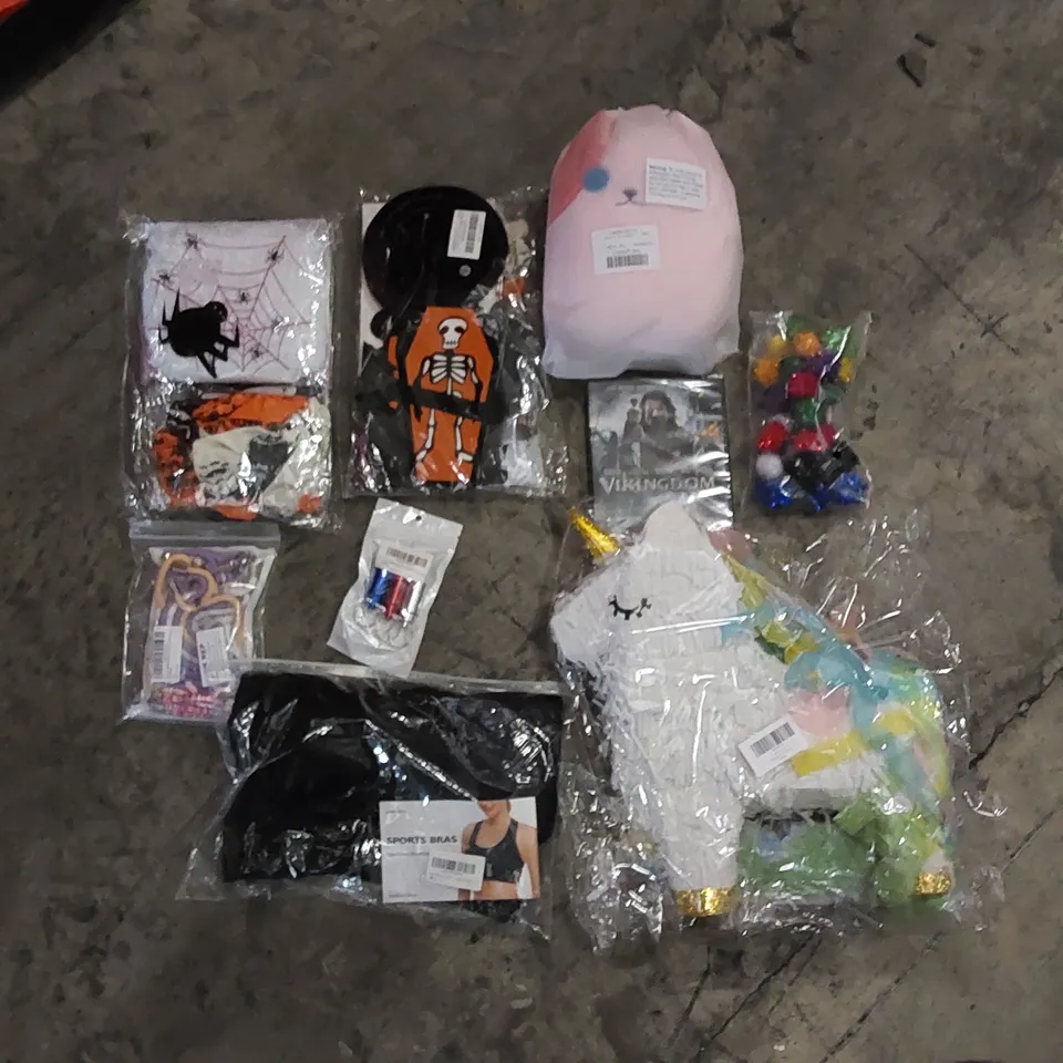 PALLET TO CONTAIN ASSORTED HOUSEHOLD ITEMS. INCLUDES SPORTS BRA, DVD, PLUSH TOYS, UNICORN PIÑATAS, DECORATIVE ITEMS ETC