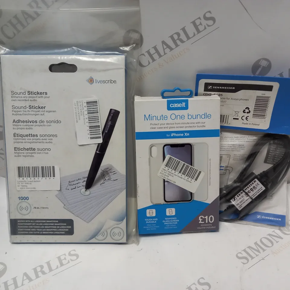 APPROXIMATELY 20 ASSORTED ELECTRICAL ITEMS TO INCLUDE PHONE CASES, ADAPTER CABLES, LIVESCRIBE SOUND STICKERS, ETC