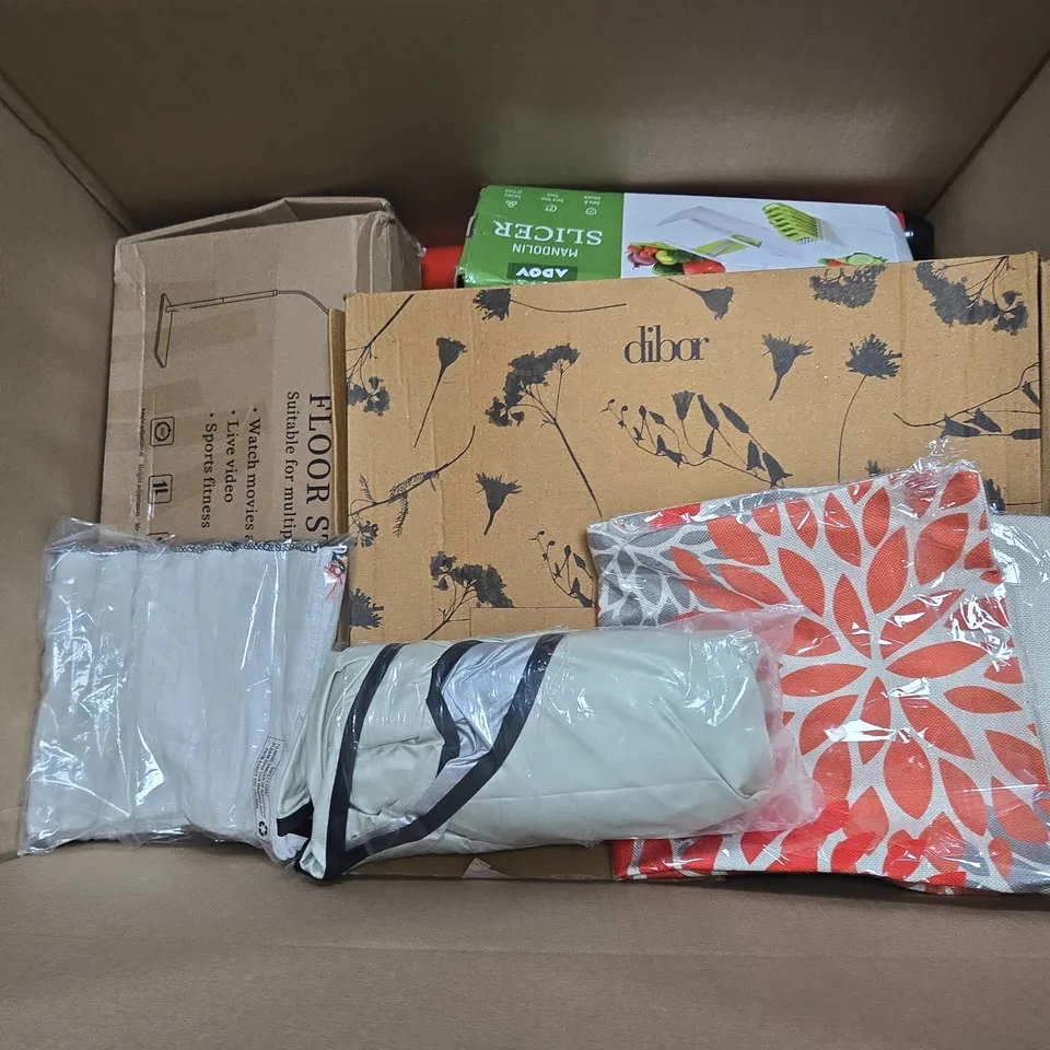 BOX OF APPROXIMATELY 15 ASSORTED HOUSEHOLD ITEMS TO INCLUDE - PHOTO PAPER, TABLET STAND, AND POWER CORD ETC. 