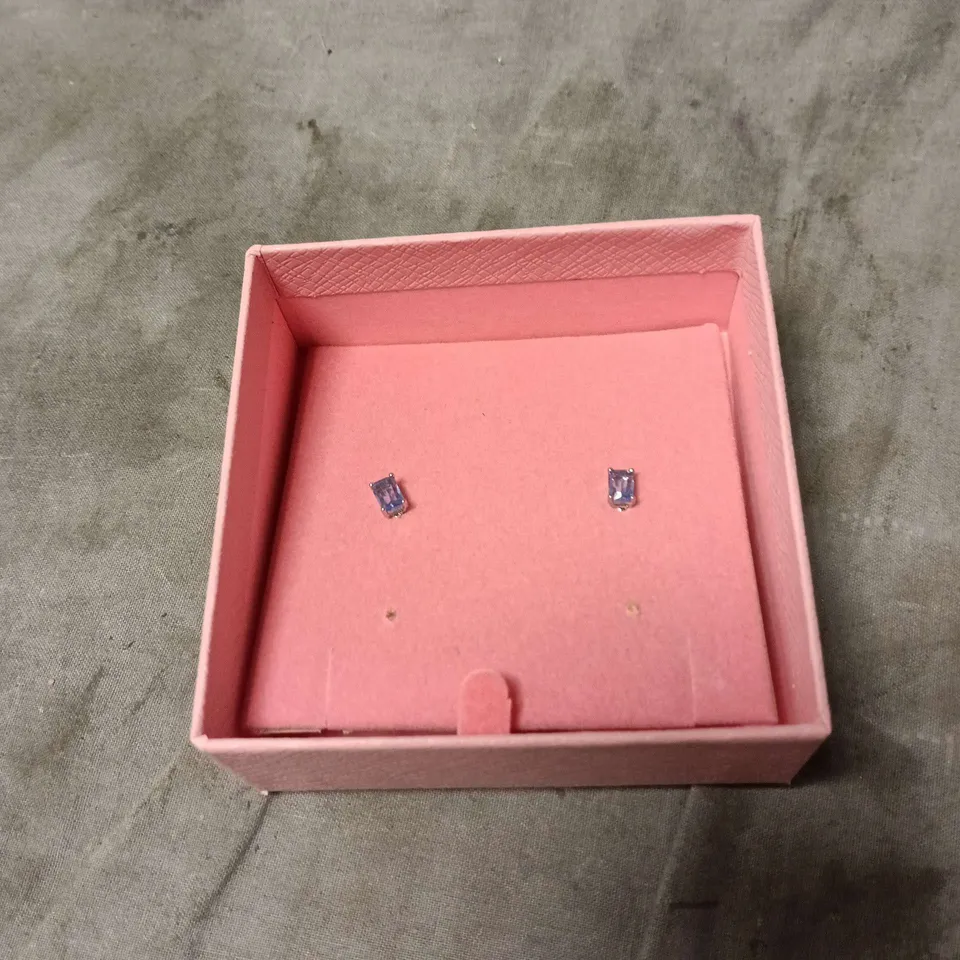 SWAROVSKI PURPLE EMERALD-CUT GEMSTONE STUD EARRINGS IN PINK BOX
