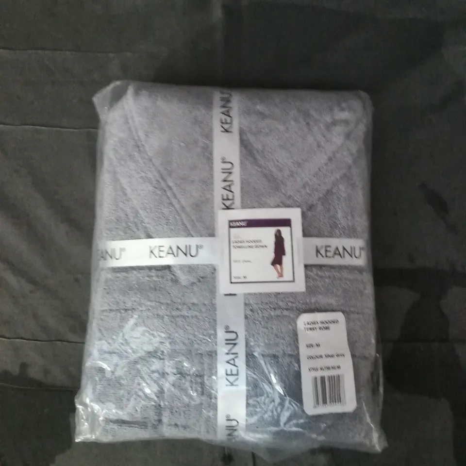 KEANU LADIES HOODED TOWELLING GOWN IN GREY SIZE MEDIUM