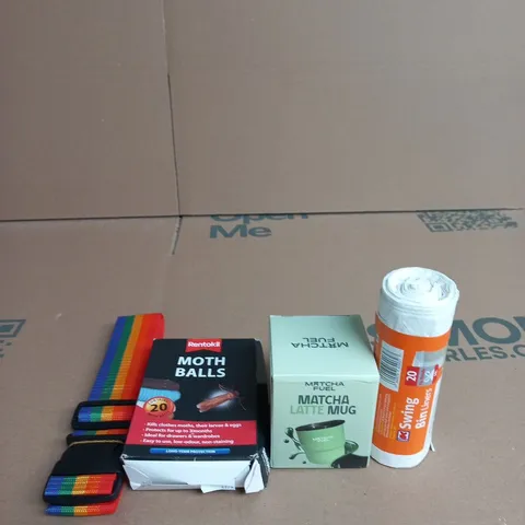 APPROXIMATELY 15 ASSORTED HOUSEHOLD PRODUCTS TO INCLUDE RENTOKIL MOTH BALLS, MATCHA LATTE MUG AND MULTI COLOURED STRAP