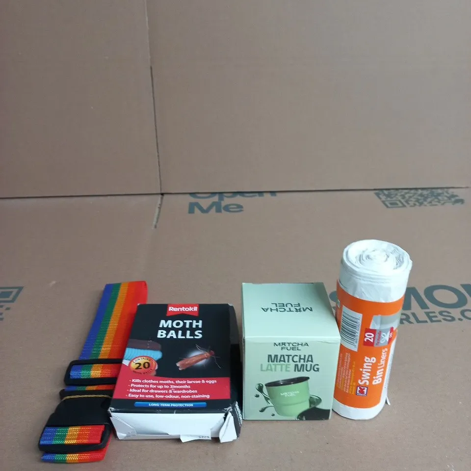 APPROXIMATELY 15 ASSORTED HOUSEHOLD PRODUCTS TO INCLUDE RENTOKIL MOTH BALLS, MATCHA LATTE MUG AND MULTI COLOURED STRAP