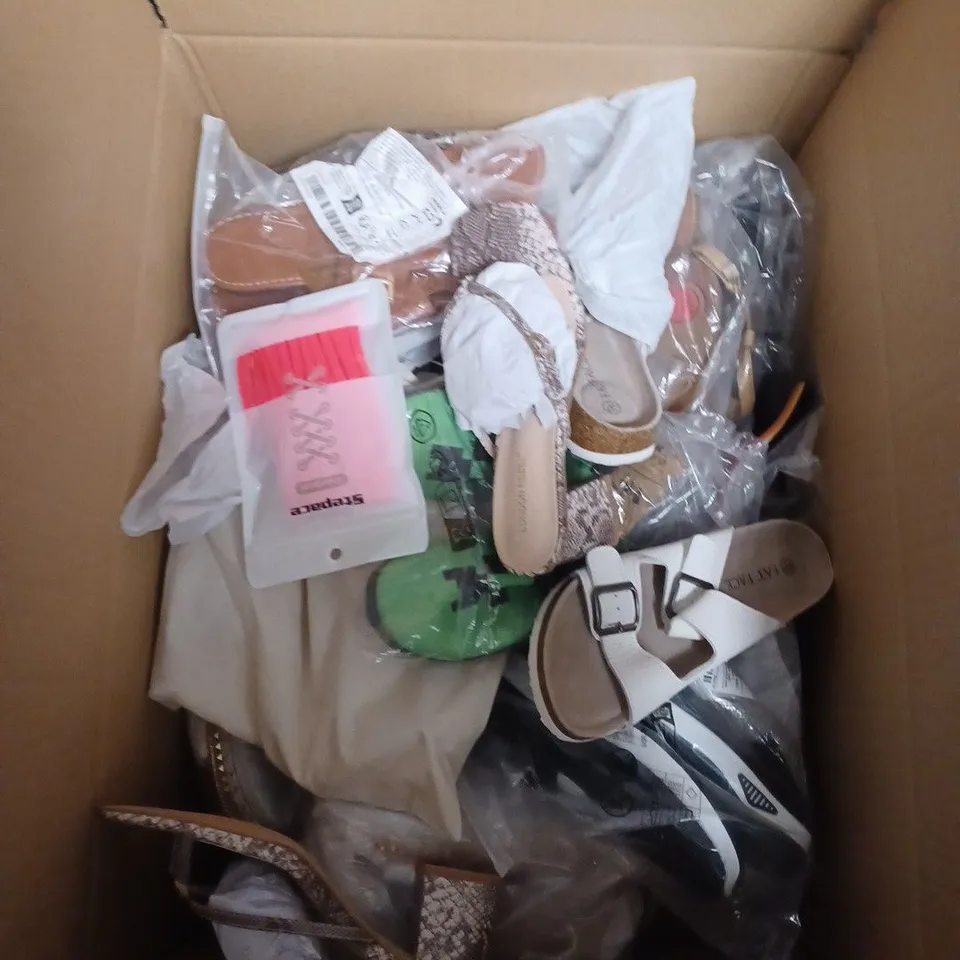 BOX OF APPROXIMATELY 6 PAIRS OF ASSORTED SHOES IN VARIOUS COLOUR, STYLES AND SIZES