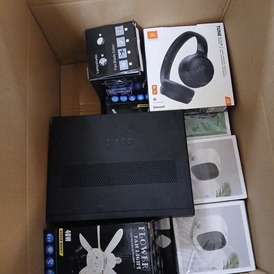 BOX OF APPROXIMATELY 15 ASSORTED ITEMS INCLUDING CISCO 891F, A FLOWER FAN LIGHT AND AND AIR COOLER