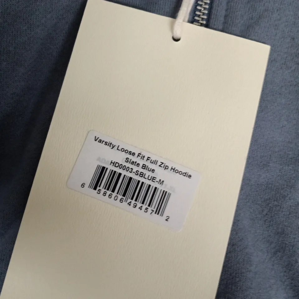 ADANOLA VARSITY LOOSE FIT FULL ZIP HOODIE – SLATE BLUE, SIZE M