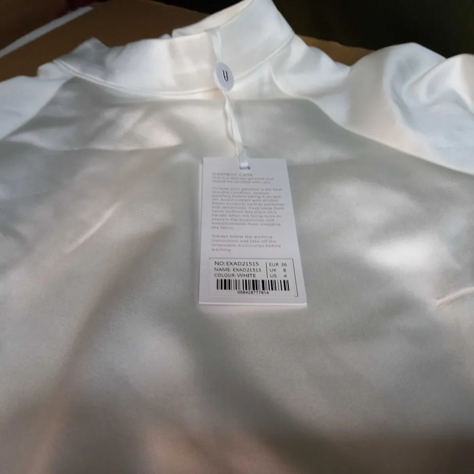 FOREVER UNIQUE WHITE SATIN/NET DETAILED STATEMENT MIDI DRESS - SIZE 8