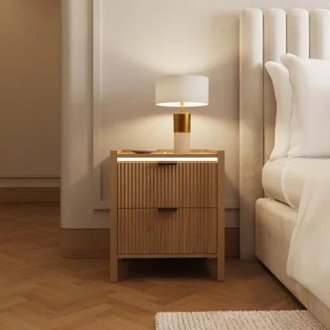 BOXED GFW ZION 2 DRAWER OAK RIBBED BEDSIDE TABLE WITH AMBIENT LED (1 BOX)