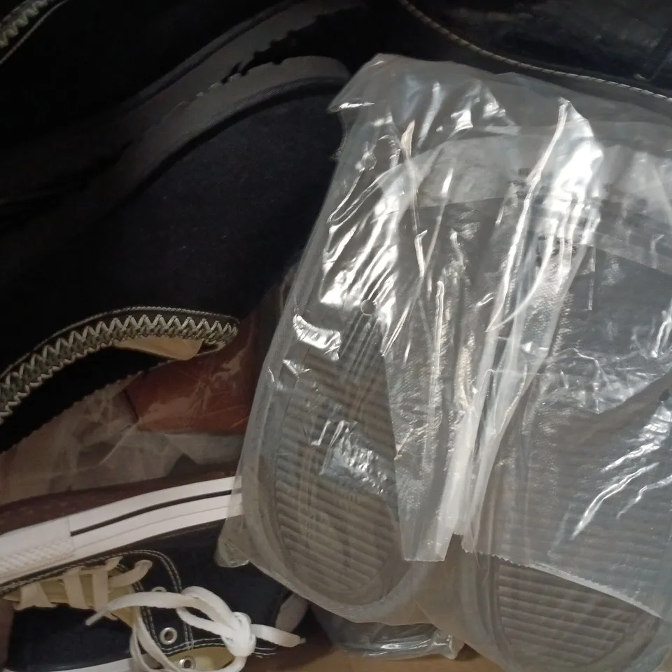 BOX OF APPROXIMATELY 15 ASSORTED PAIRS OF SHOES AND FOOTWEAR ITEMS IN VARIOUS COLOURS, STYLES, AND SIZES - COLLECTION ONLY