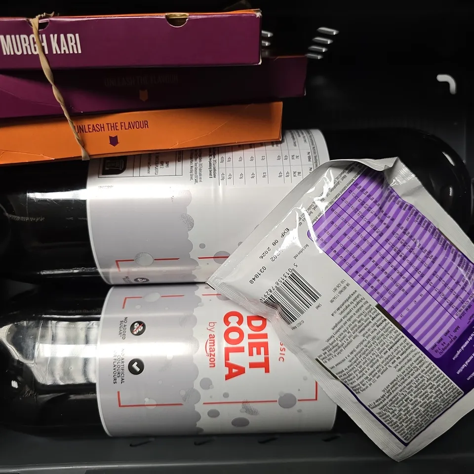 APPROXIMATELY 6 ASSORTED FOOD & DRINK ITEMS TO INCLUDE - DIET COLA AMAZON , GRIND HOUSE BLEND DECAF ETC