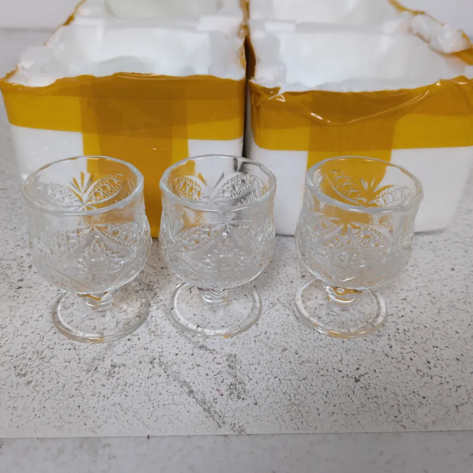 LOT OF 3 12-PACKS OF SMALL GLASS GOBLET THEMED SHOT GLASSES