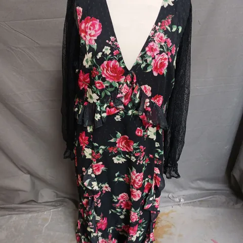 OASIS FLORAL LACE SLEEVE RUFFLE FRONT MIDI DRESS IN BLACK MULTI SIZE 16