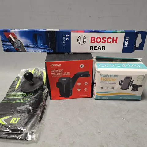APPROXIMATELY 7 ASSORTED ITEMS TO INCLUDE - BOSCH REAR H281 , CAR PHONE MOUNT ETC