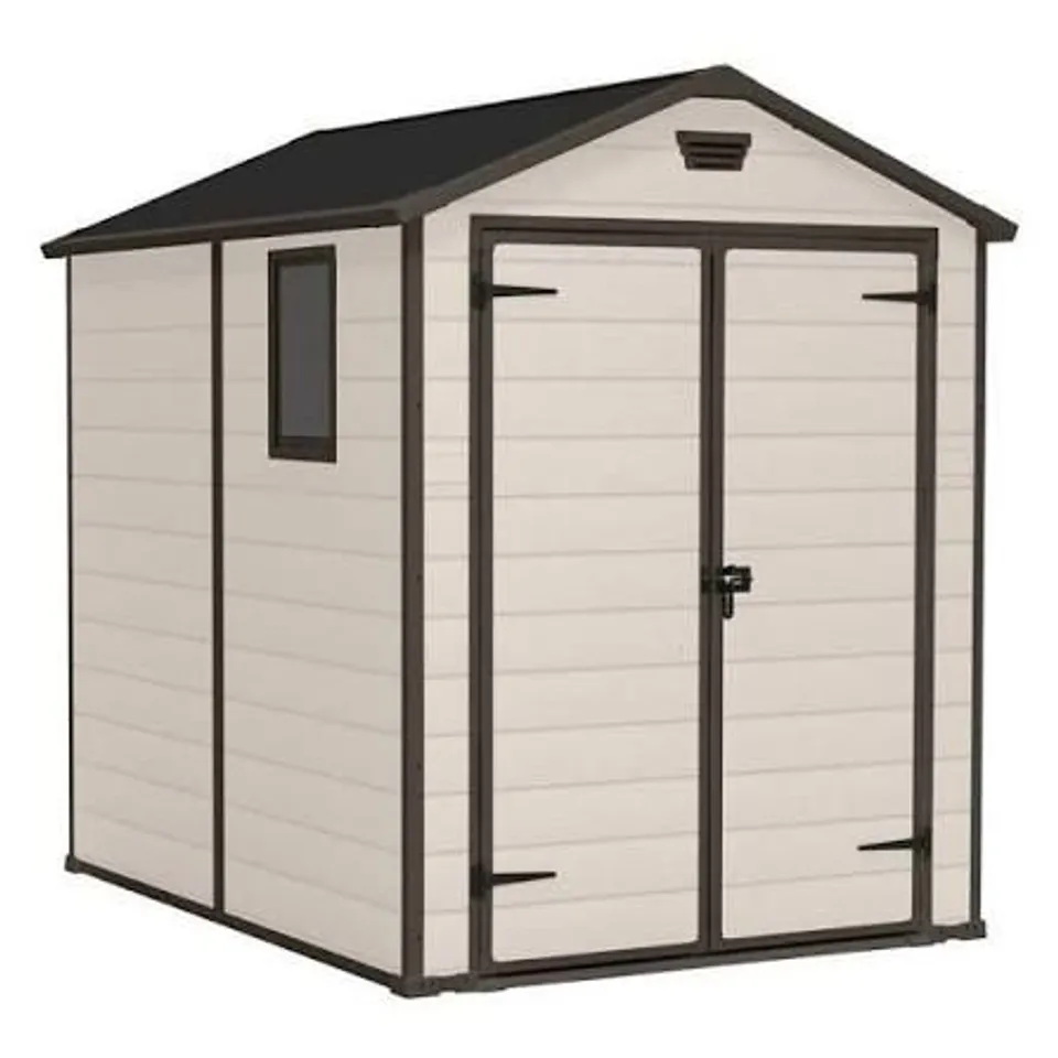 BOXED KETER 6′ X 8′ MANOR PLASTIC GARDEN STORAGE SHED – BEIGE