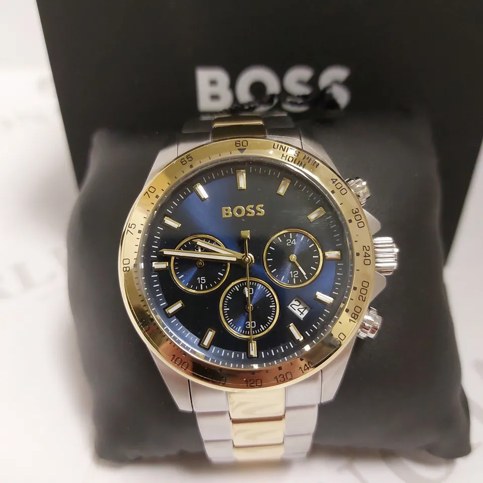 BOXED HUGO BOSS HERO BLUE CHRONOGRAPH TWO TONE STRAP WRIST WATCH