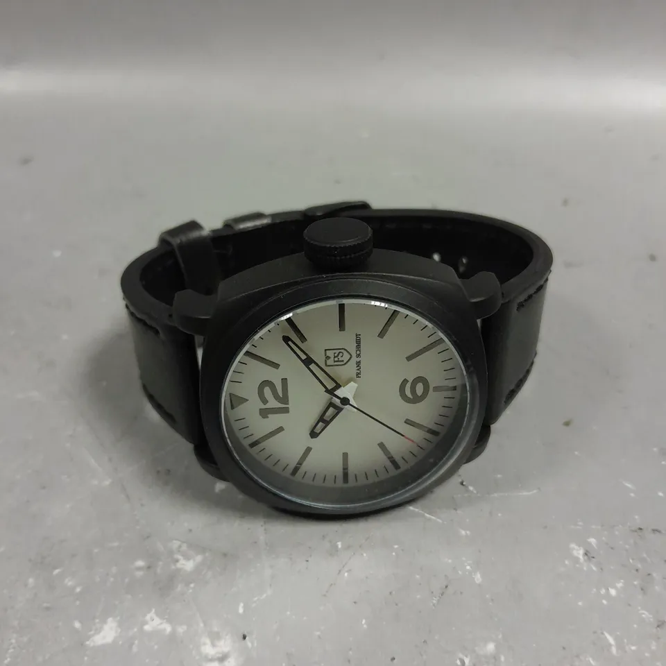 MENS FRANK SCHMIDT WATCH – LARGE BLACK CASE – WHITE PILOT DIAL – BLACK STRAP – 3ATM WATER RESISTANT 