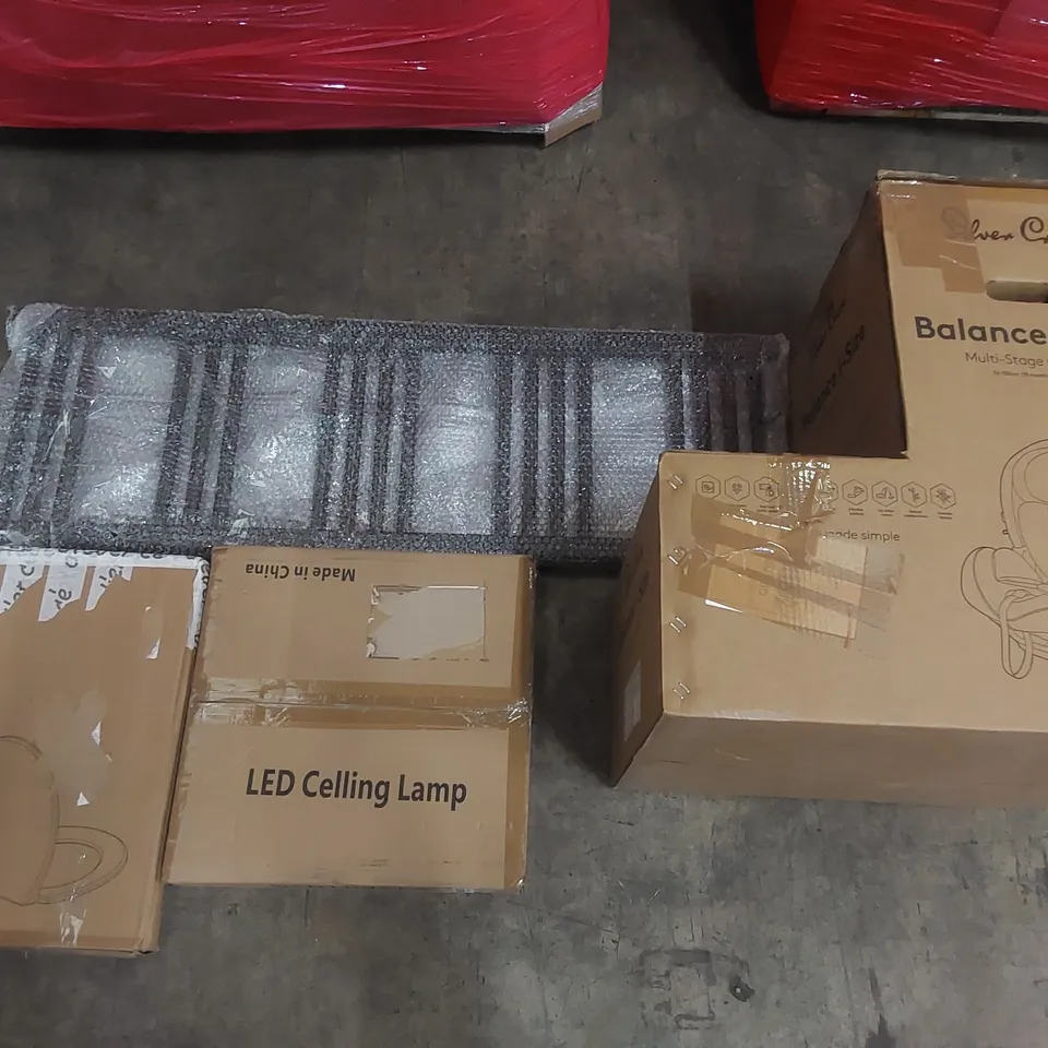 PALLET OF ASSORTED ITEMS INCLUDING TOILET SEAT, VERTICAL RADIATOR, LED CEILING LIGHT , MULTI-STAGE CAR SEAT