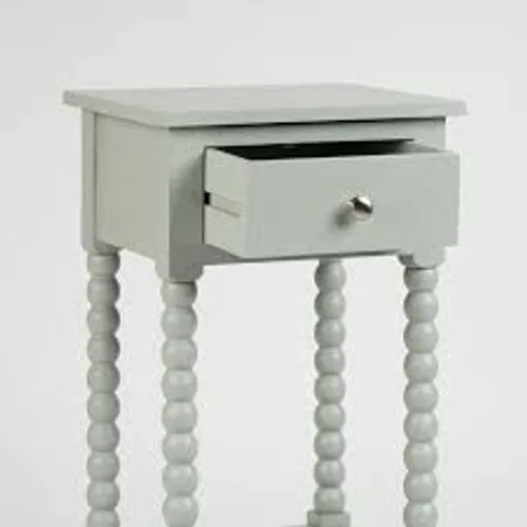BOXED AQUA GREY BOBBIN SIDE TABLE WITH DRAWER (1 BOX)
