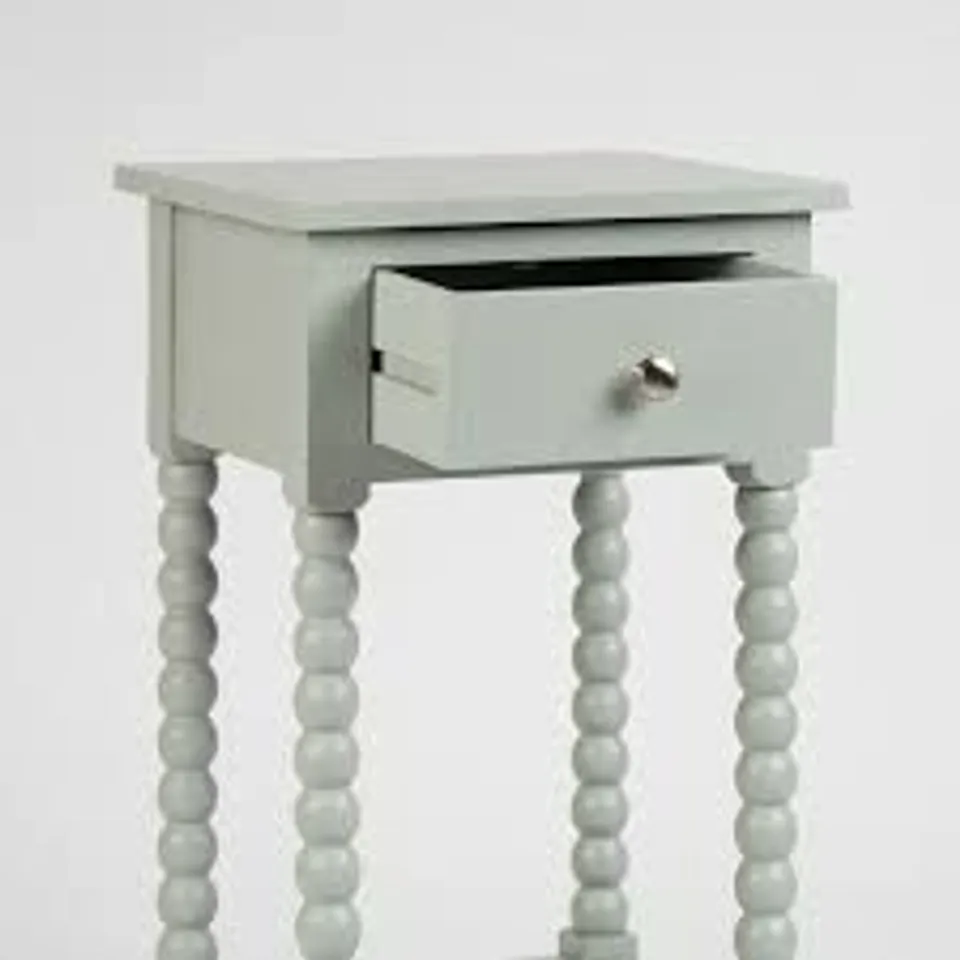 BOXED AQUA GREY BOBBIN SIDE TABLE WITH DRAWER (1 BOX)