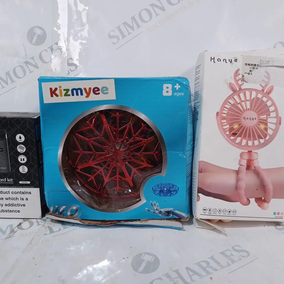 BOX OF APPROXIMATELY 10 ASSORTED ELECTRICAL ITEMS TO INCLUDE HANYE FAN, KIZMYEE UFO, SMOK NORD KIT, ETC