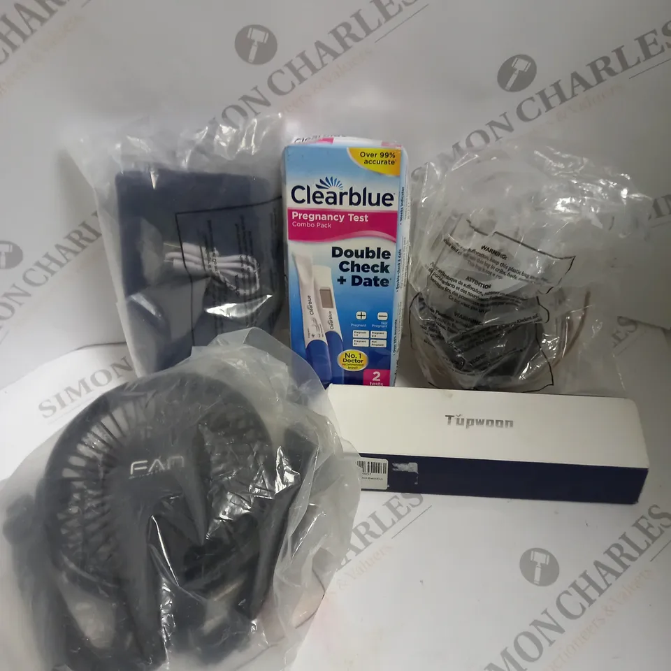 BOX TO CONTAIN APPROX. 5 X ASSORTED PRODUCTS. INCLUDES CLEARBLUE PREGNANCY TEST, STRIP LIGHTS, FAN, PHONE HOLDING STICK ETC 