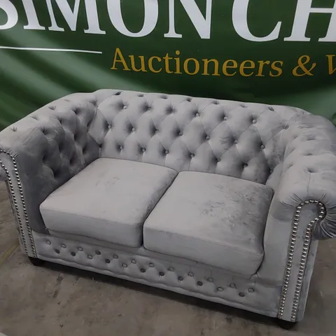 DESIGNER TWO SEATER CHESTERFIELD SOFA SILVER PLUSH FABRIC WITH STUDDED DETAIL