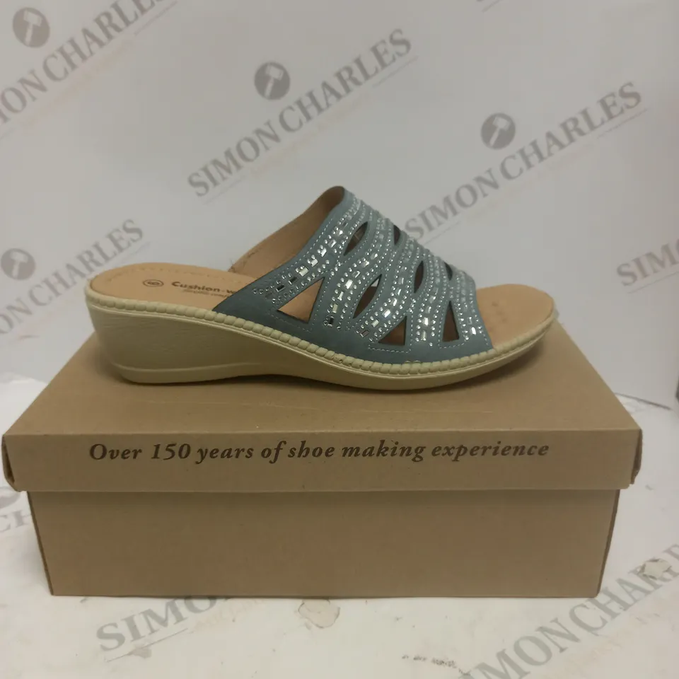 BOXED PAIR OF CUSHION WALK DIAMANTE MULES IN BLUE - SIZE 6
