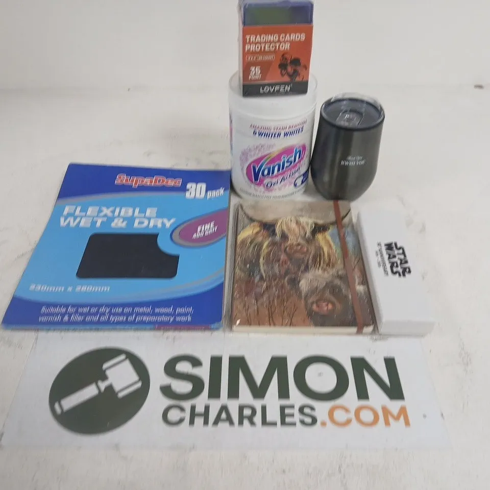 APPROXIMATELY 15 ASSORTED HOUSEHOLD PRODUCTS TO INCLUDE- VANISH OXI ACTION, SUPADEC WET & DRY SHEETS, TRADING CARD PROTECTORS, STAR WARS PEN