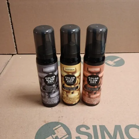 APPROXIMATELY 22 X ASSORTED MATRIX COLOR BLOW DRY HAIR CARE PRODUCTS TO INCLUDE TITANIUM SILVER, GOLDEN BLONDE ETC