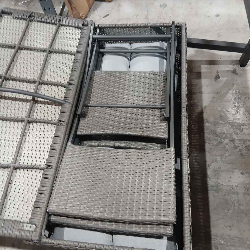 GREY WOVEN OUTDOOR DINING SET WITH CUSHIONED STORAGE BENCH – TABLE + 2 CHAIRS