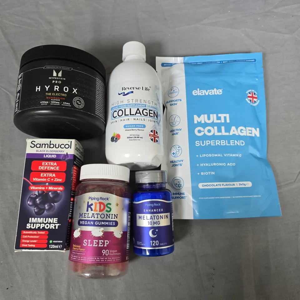LOT OF 6 ASSORTED SUPPLEMENTS TO INCLUDE ELEVATE COLLAGEN, MYPROTEIN HYROX AND REVERSE LIFE COLLAGEN