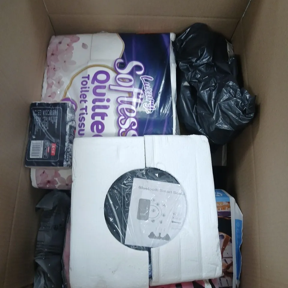 BOX OF APPROXIMATELY 15 ASSORTED ITEMS INCLUDING A SHEIN PINK CLOAK, LUXURY SOFT TOILET TISSUE AND SOME FACIAL TISSUES