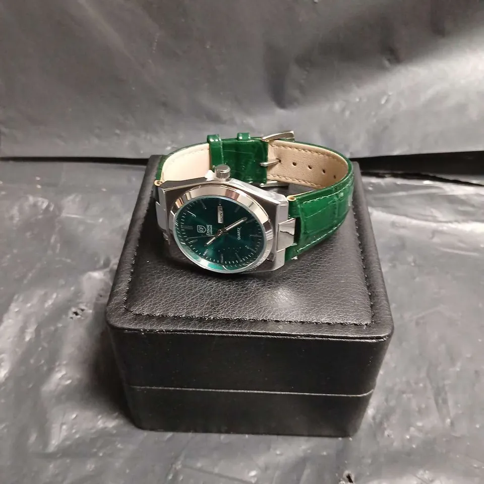 MENS ERNEST FERDINAND WATCH – DAY DATE CALENDAR DIAL –LEATHER STRAP – 3ATM WATER RESISTANT - GIFT BOX – GREEN