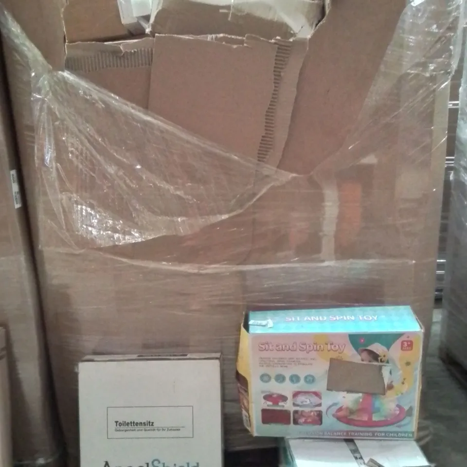 PALLET OF ASSORTED HOUSEHOLD GOODS AND PRODUCTS TO INCLUDE;TOILET SEAT,SPOT CLEANER,SIT AND SPIN TOY