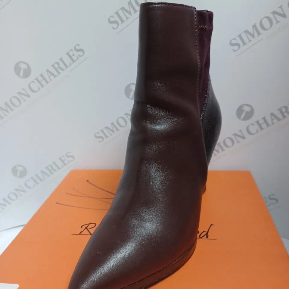 BOXED RUTH LANGSFORD PLATFORM LEATHER ANKLE BOOTS, BURGUNDY - SIZE 4 