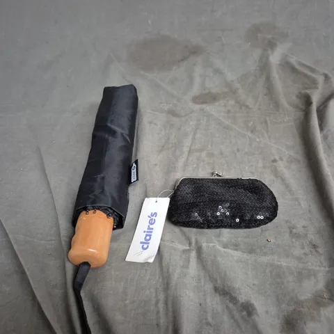 R PET BLACK FOLDING UMBRELLA WITH WOODEN HANDLE + BLACK SEQUIN CLUTCH BAG – PAIR OF ACCESSORIES CLAIRES ACCESSORIES .