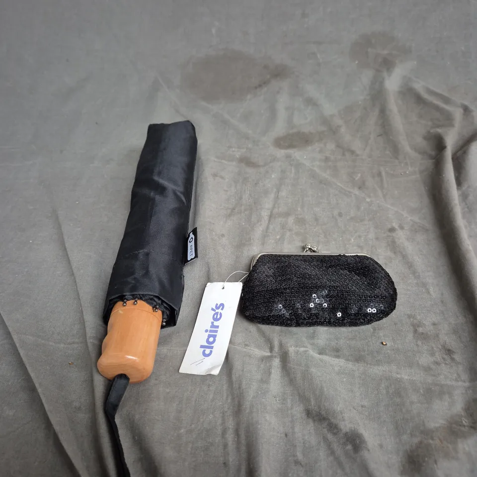 R PET BLACK FOLDING UMBRELLA WITH WOODEN HANDLE + BLACK SEQUIN CLUTCH BAG – PAIR OF ACCESSORIES CLAIRES ACCESSORIES .