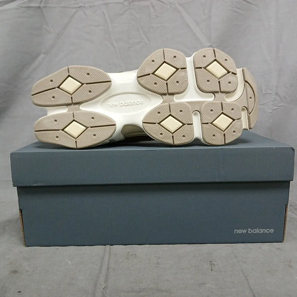 BOXED PAIR OF NEW BALANCE 9060 TRAINERS IN BEIGE/TAN SIZE UK 5.5