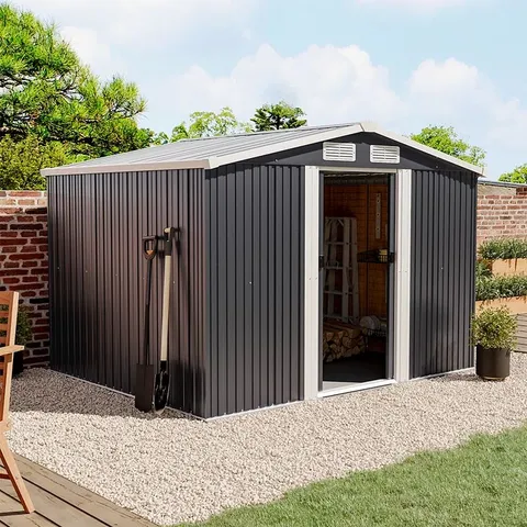 BOXED 6×8FT LARGE METAL APEX ROOF GARDEN TOOL STORAGE SHED (2 BOXES)