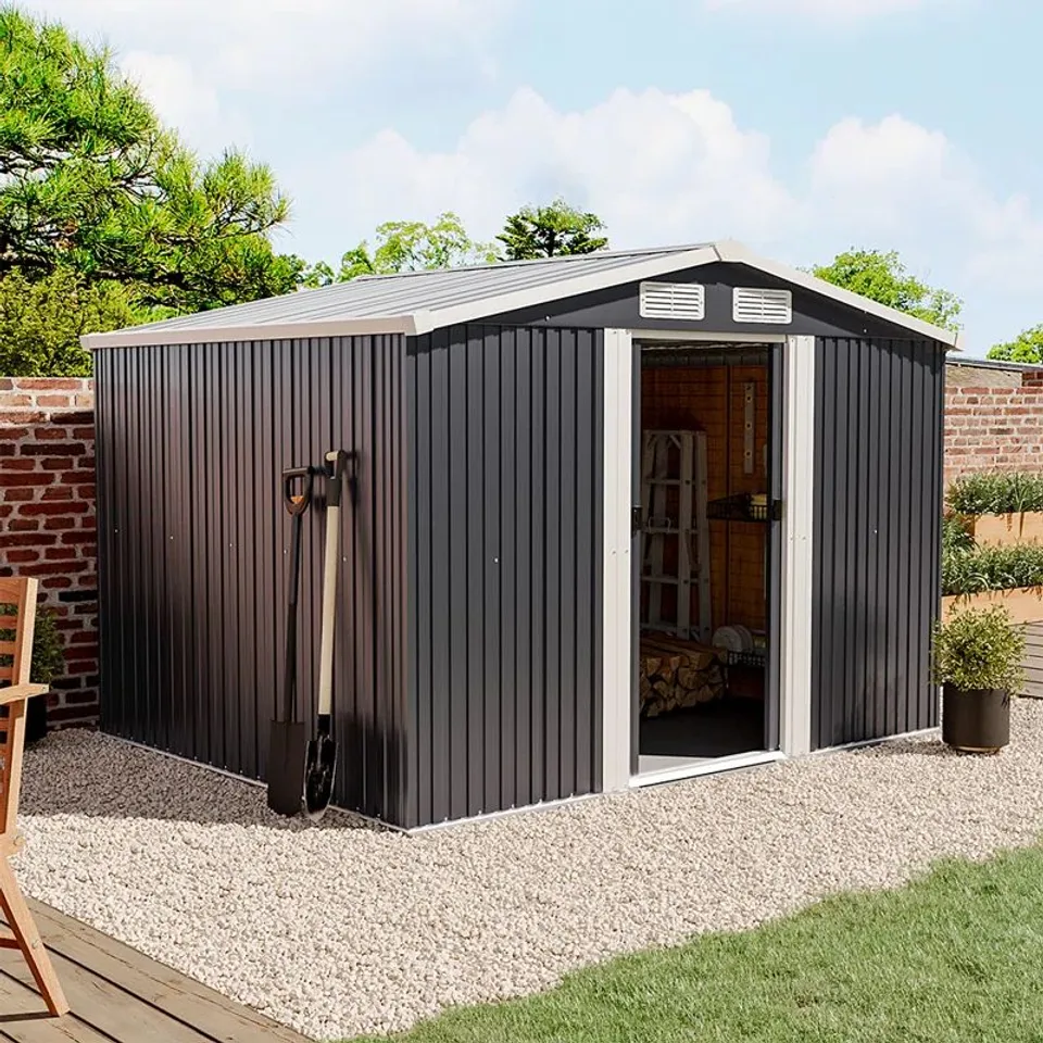 BOXED 6×8FT LARGE METAL APEX ROOF GARDEN TOOL STORAGE SHED (2 BOXES)