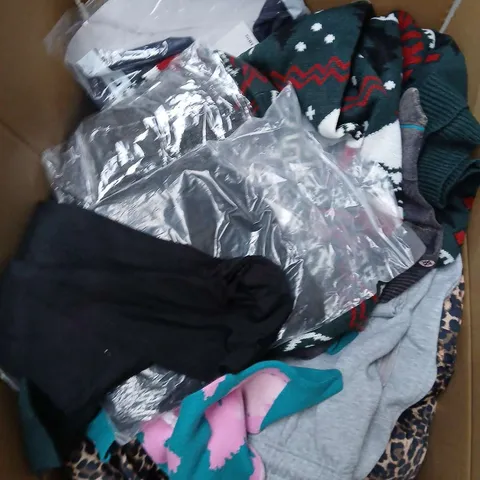 LARGE BOX OF ASSORTED CLOTHING ITEMS IN VARIOUS SIZES, STYLES AND COLOUR 