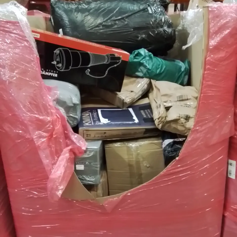 PALLET CONTAINING VARIOUS ASSORTED BOXED HOUSEHOLD ITEMS TO INCLUDE: CAR PARTS, AREA RUGS, BED RAIL AND LOTS MORE UNMARKED BOXED ITEMS 