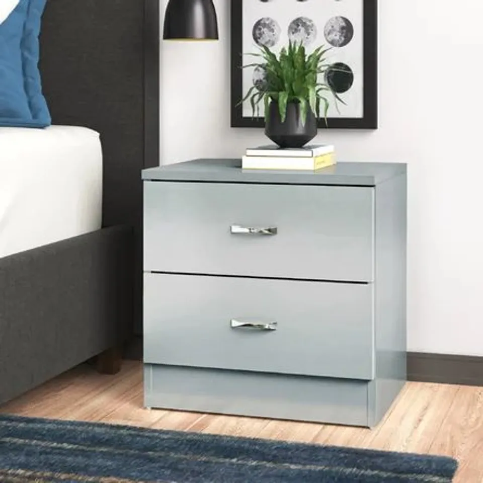 BOXED BRENDLE CHILTON 2 DRAWER BEDSIDE TABLE GREY GLOSS