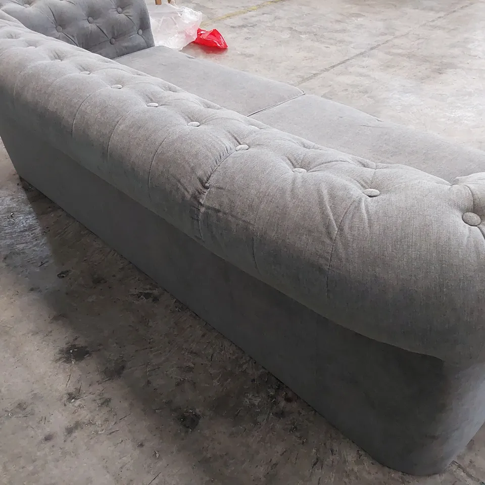 DESIGNER THREE SEATER CHESTERFIELD SOFA GREY PLUSH FABRIC 
