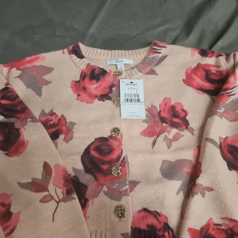 NEXT WOMENβS FLORAL KNIT CARDIGAN β PINK, BUTTON FRONT, UK SIZE SMALL