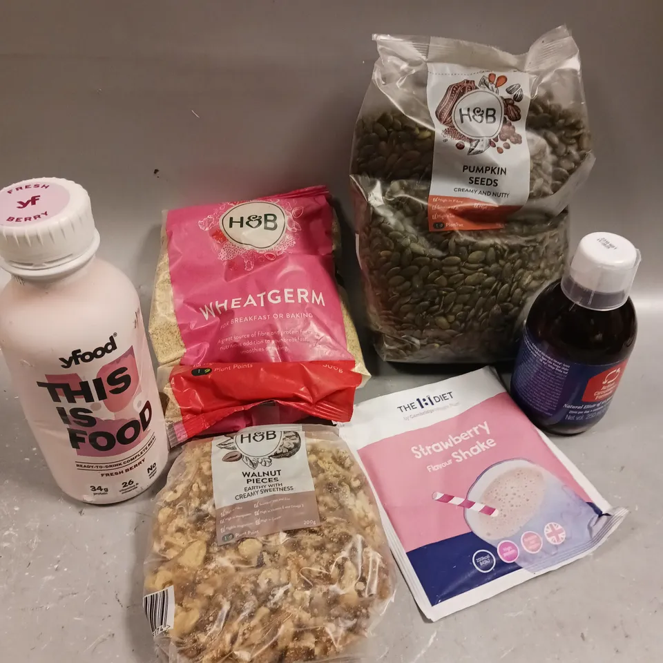 APPROXIMATELY 10 ASSORTED FOOD/DRINK PRODUCTS TO INCLUDE PUMPKIN SEEDS, YFOOD DRINK, WHEATGERM ETC
