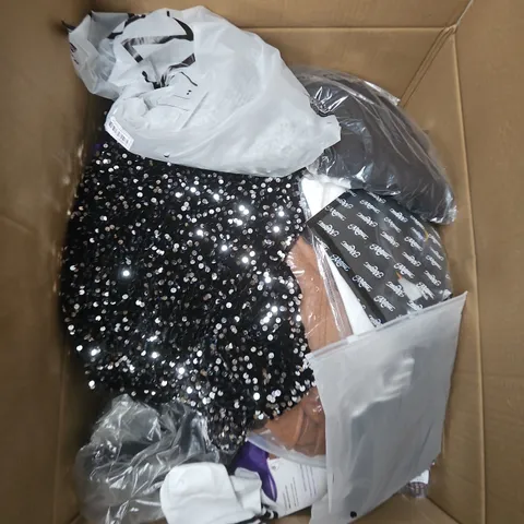 LARGE BOX OF APPROXIMATELY 25 ASSORTED CLOTHING ITEMS IN VARIOUS COLOURS, STYLES AND SIZES - COLLECTION ONLY